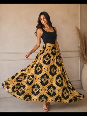 Eien USA Black Gold Baroque Print Maxi Skirt Floor Length Statement